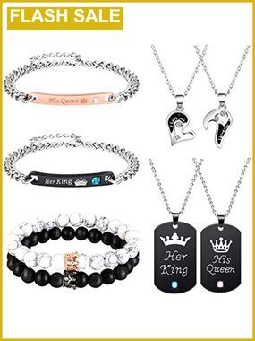 Couples Necklace Bracelet Set 8 Pcs His Queen Her King Matching Jewelry Gift